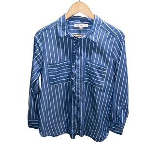 LOFT Petite Blue White Striped Ruffle Button Front Shirt Size LP